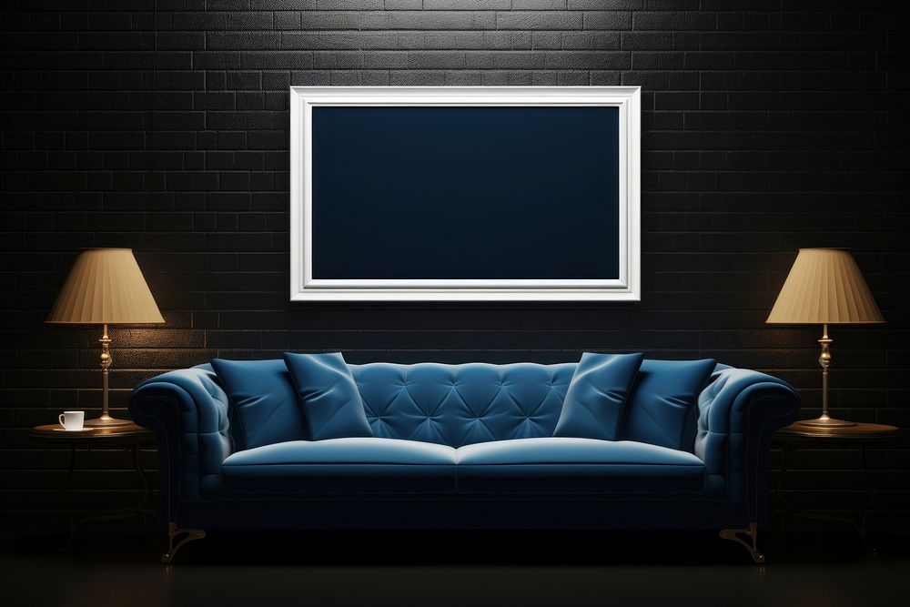 Blank white frame mockup couch architecture blackboard.