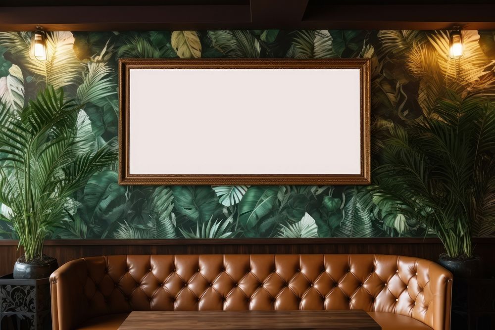 Blank white frame mockup restaurant couch accessories.