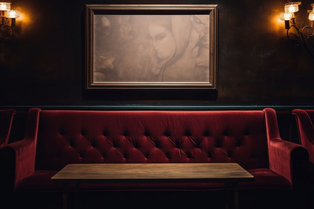 Blank white frame mockup couch architecture restaurant.