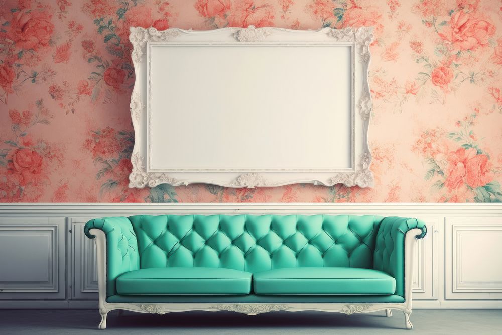 Blank white frame mockup couch wall art.