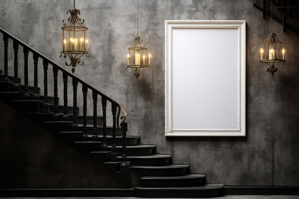 White frame mockups architecture chandelier staircase.