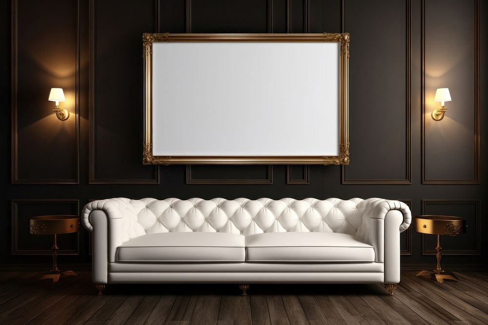 Blank white frame mockups couch architecture furniture.