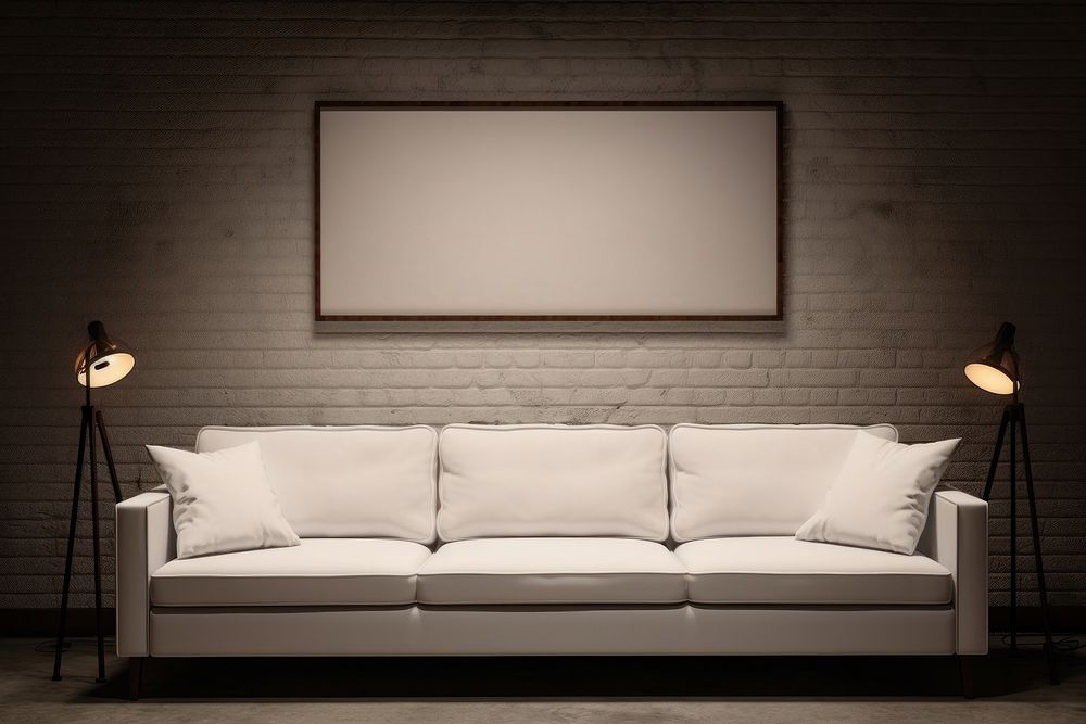 Blank white frame mockups couch wall architecture.