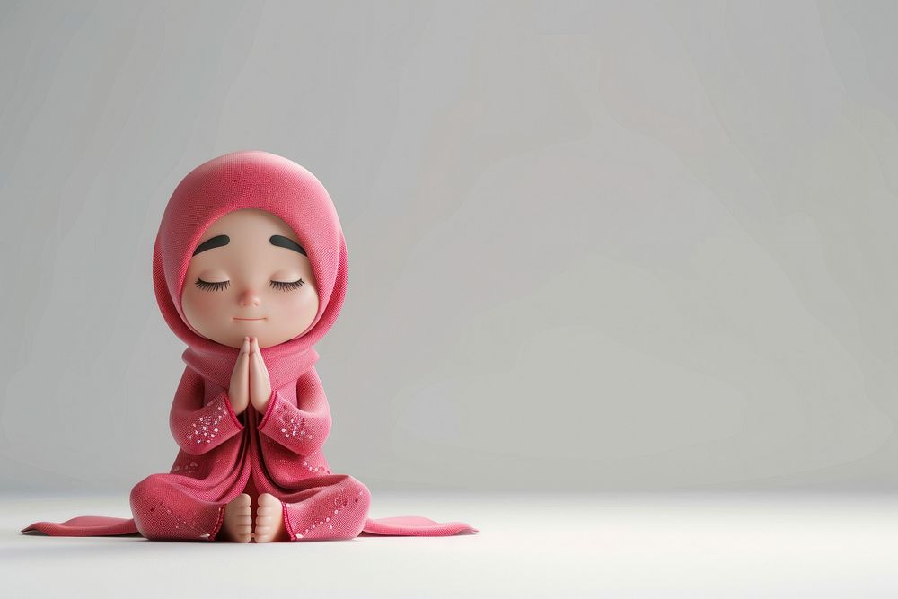 Muslim kid praying in her home figurine clothing apparel.