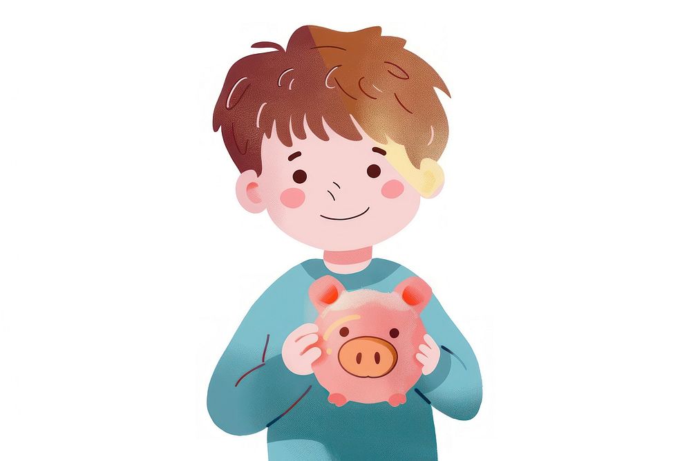 Cute boy holding piggy bank cartoon person human.