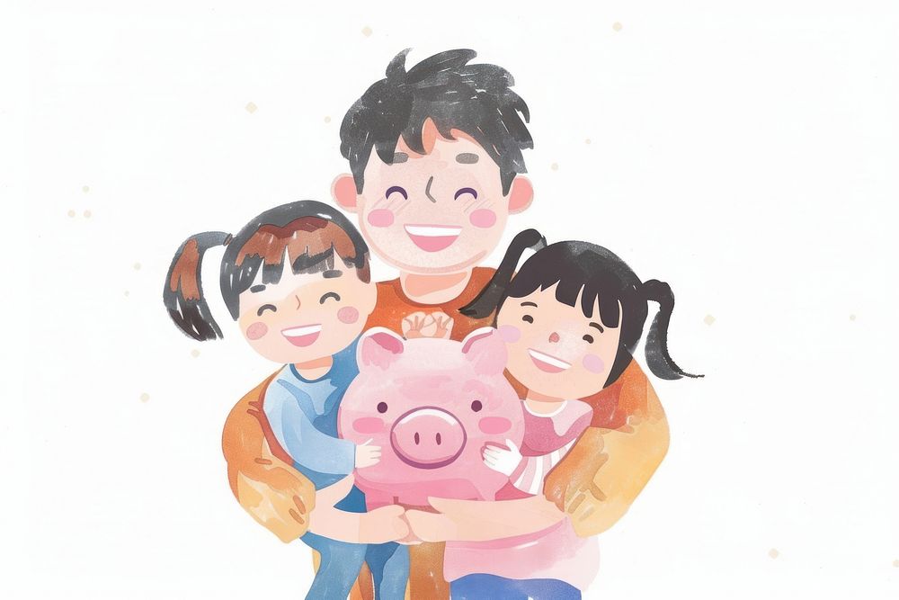 Cute family holding piggy bank illustrated painting drawing.