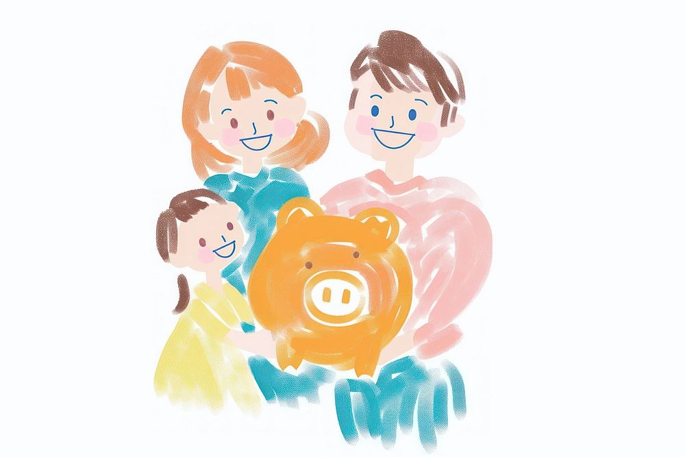 Cute family holding piggy bank illustrated painting outdoors.