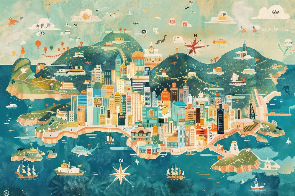Hong kong transportation shoreline painting.