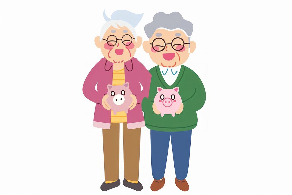 Cute senior couple holding piggy bank dessert cartoon people.