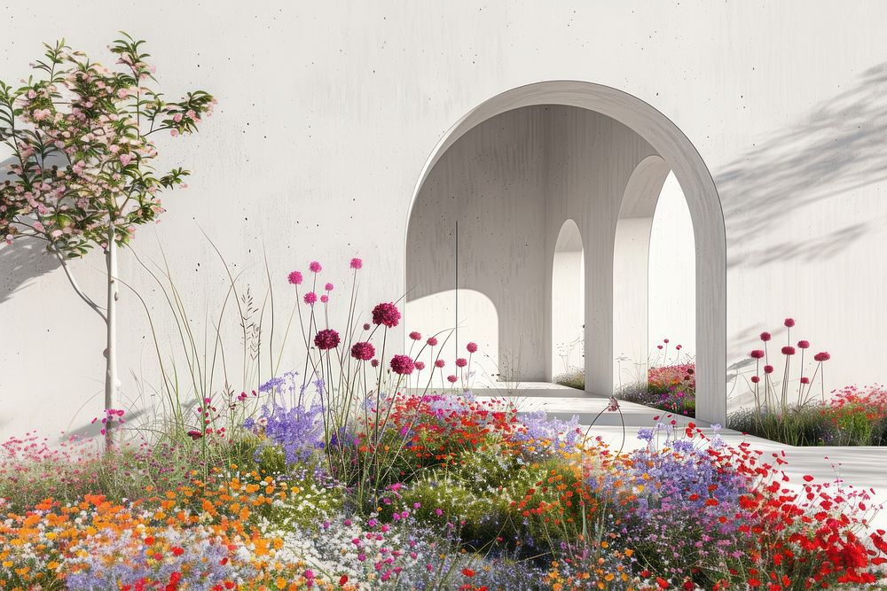An architectural rendering of an arch white wall architecture garden flower.