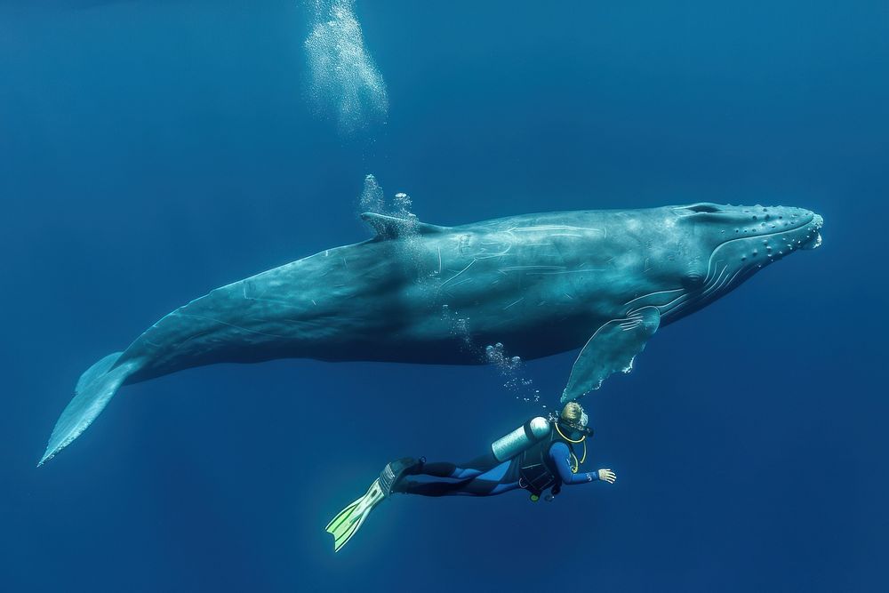 Blue whale recreation adventure swimming.