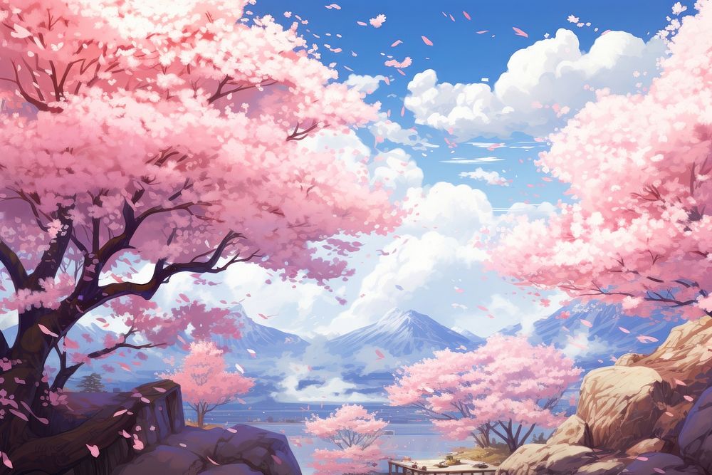 Cherry blossom landscape outdoors painting.