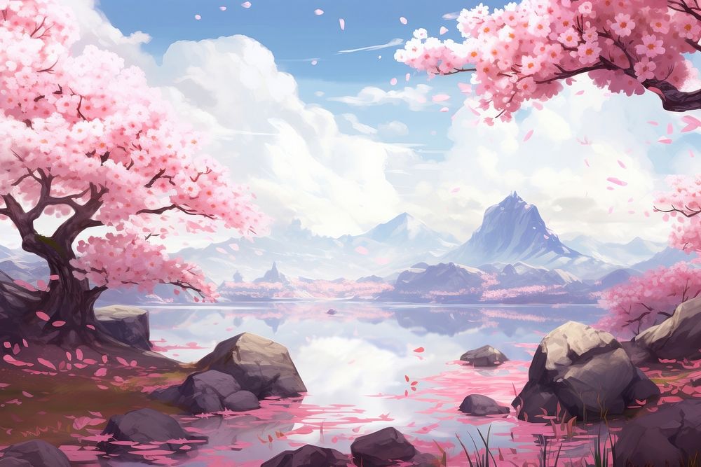 Cherry blossom landscape outdoors painting.