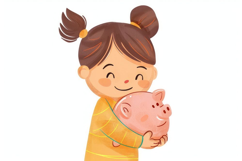 A girl holding piggy bank cartoon person human.