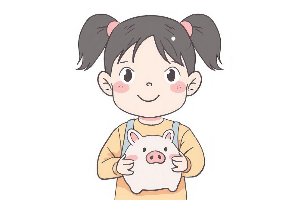 A girl holding piggy bank cartoon person human.