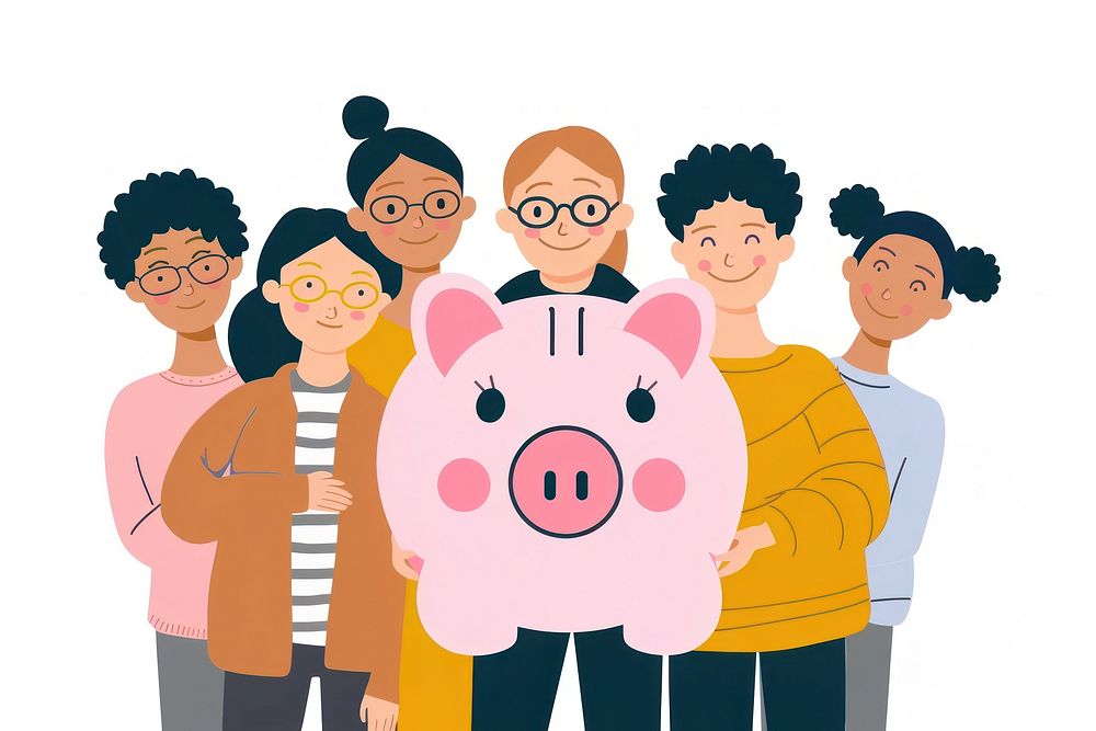 People holding piggy bank accessories illustrated accessory.