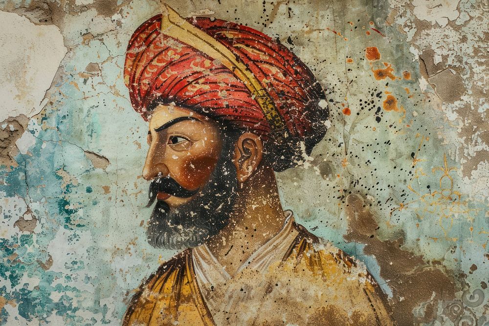 Ottoman painting of antique portrait turban art.