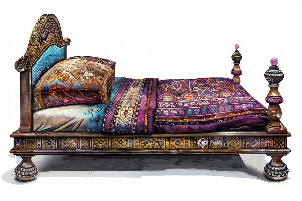 Ottoman painting of bed furniture white background architecture.