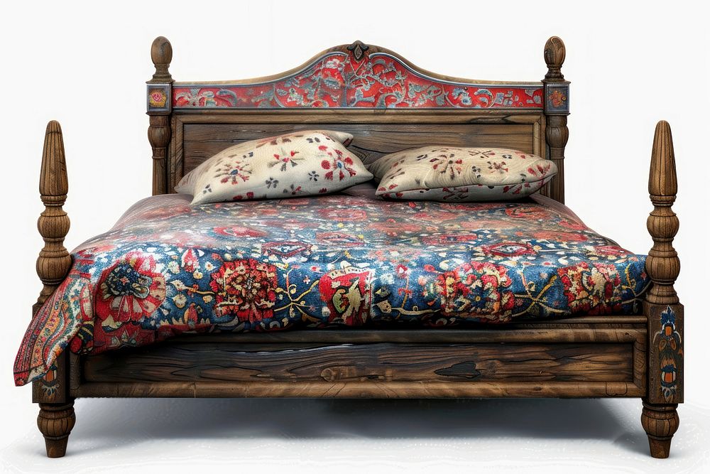 Ottoman painting of bed furniture bedroom white background.