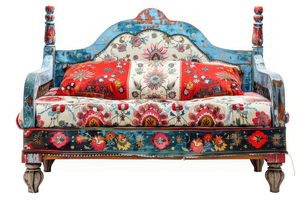 Ottoman painting of bed furniture cushion white background.