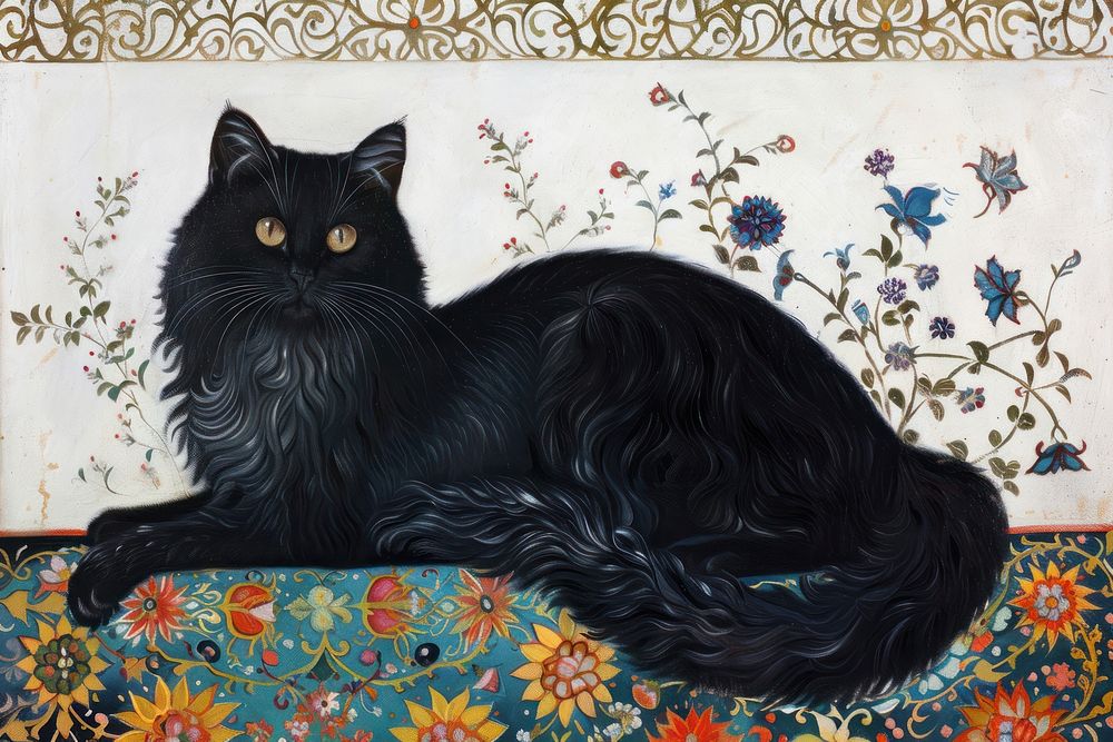 Ottoman painting of black cat pattern mammal animal.