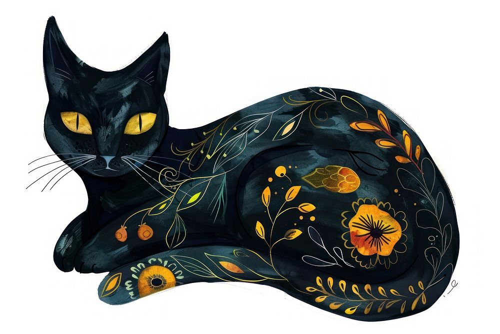 Ottoman painting of black cat animal mammal pet.