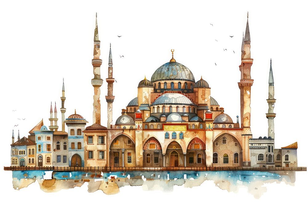 Ottoman painting of building border architecture dome spirituality.