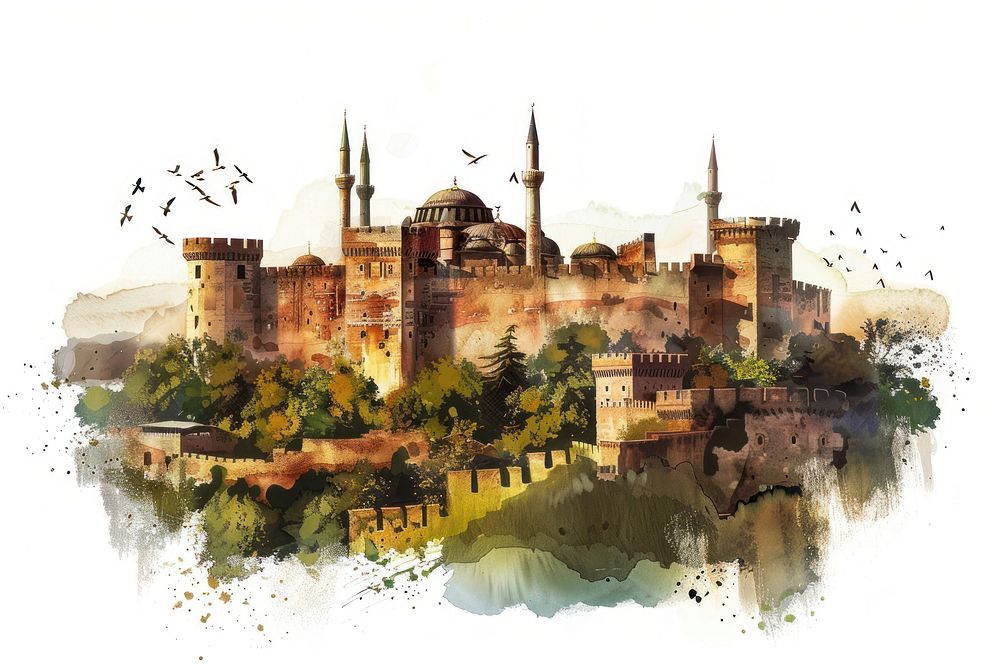 Ottoman painting of castle architecture building white background.