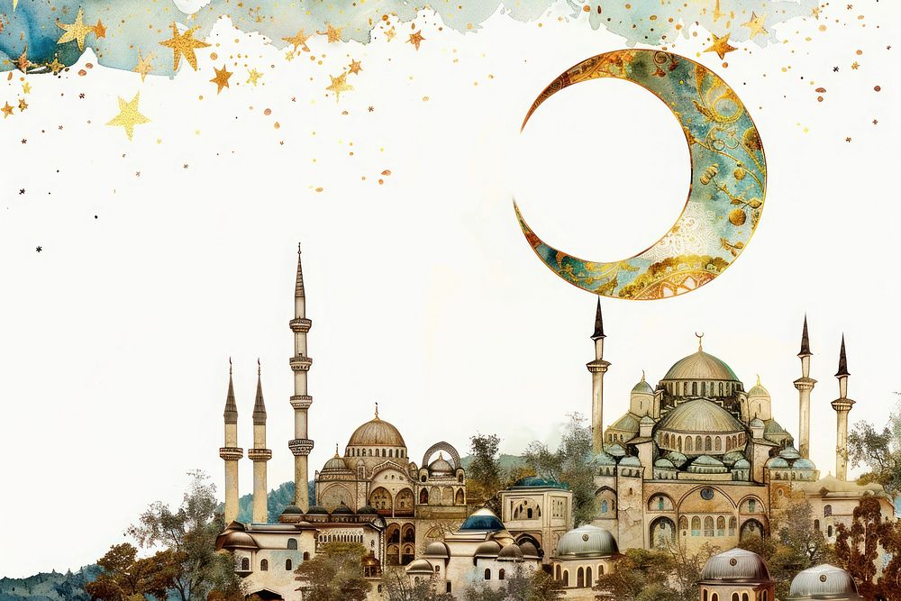 Ottoman painting of crescent moon architecture astronomy building.