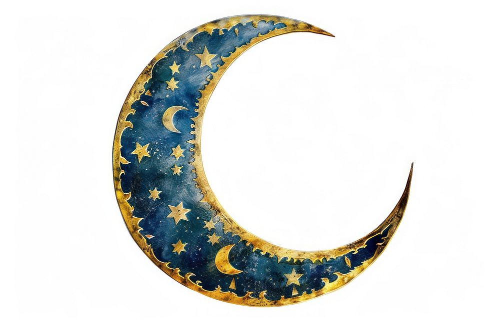 Ottoman painting of crescent moon astronomy night white background.