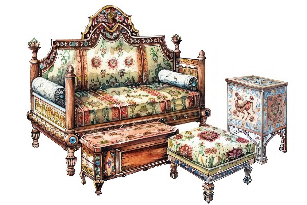Ottoman painting of furniture bed white background architecture.
