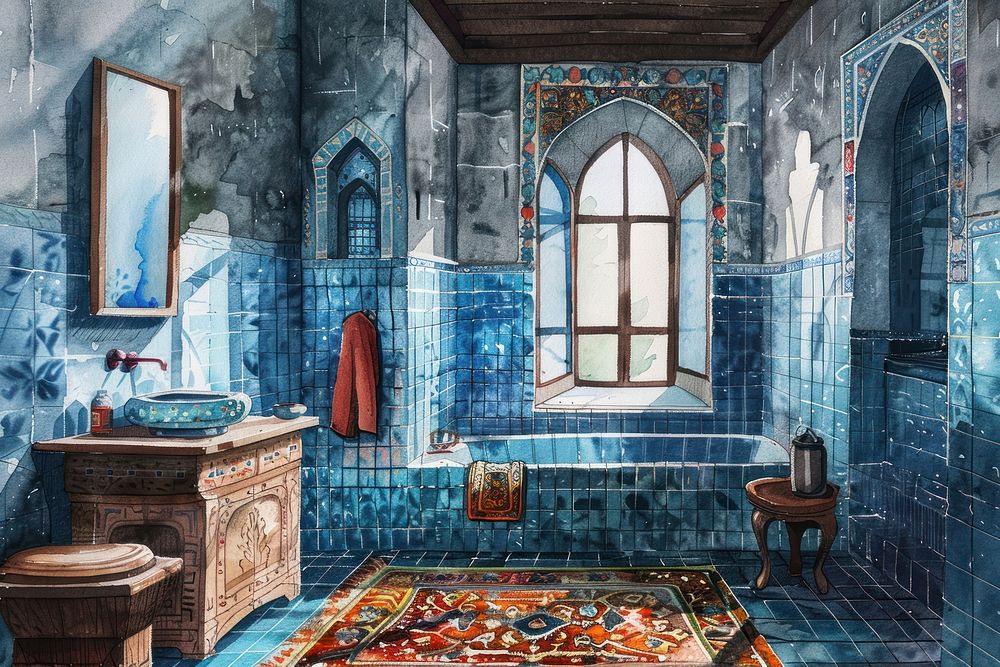 Ottoman painting of interior bathroom tile art architecture.