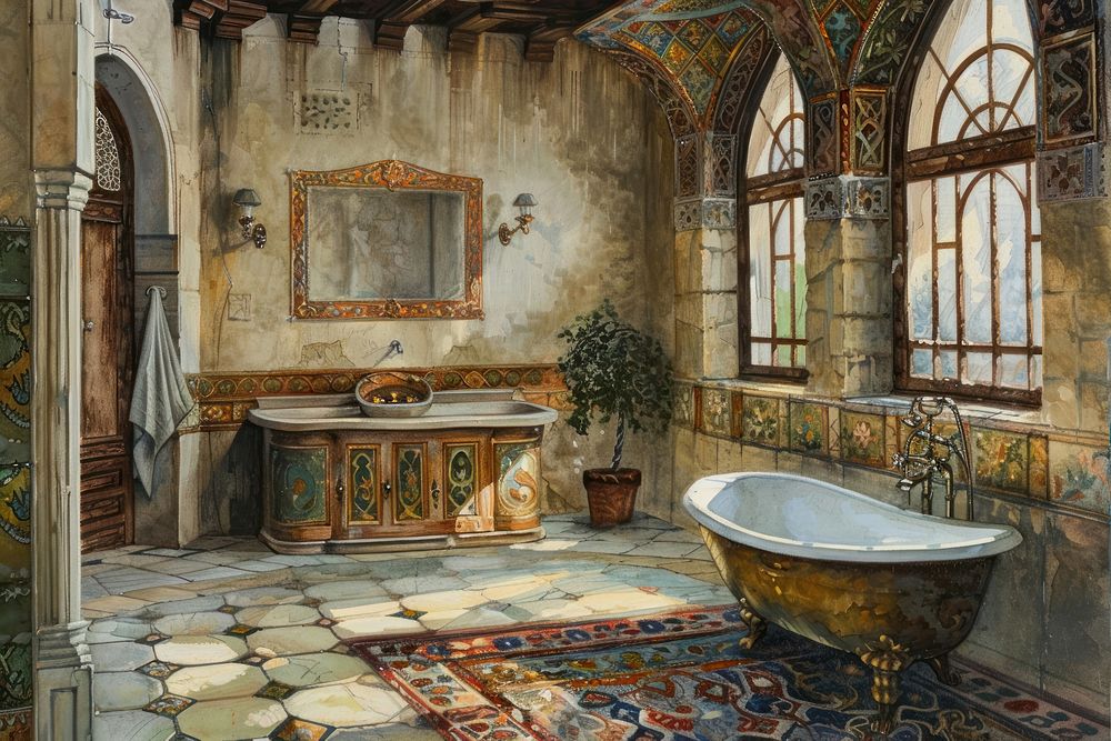 Ottoman painting of interior bathroom bathtub architecture abandoned.