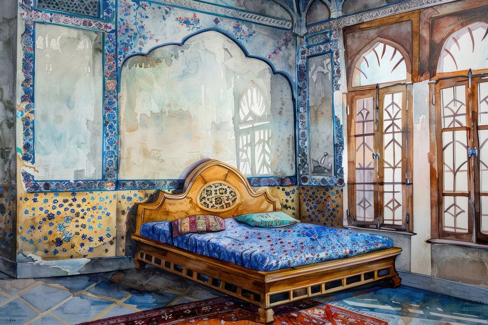 Ottoman painting of interior bedroom furniture architecture flooring.