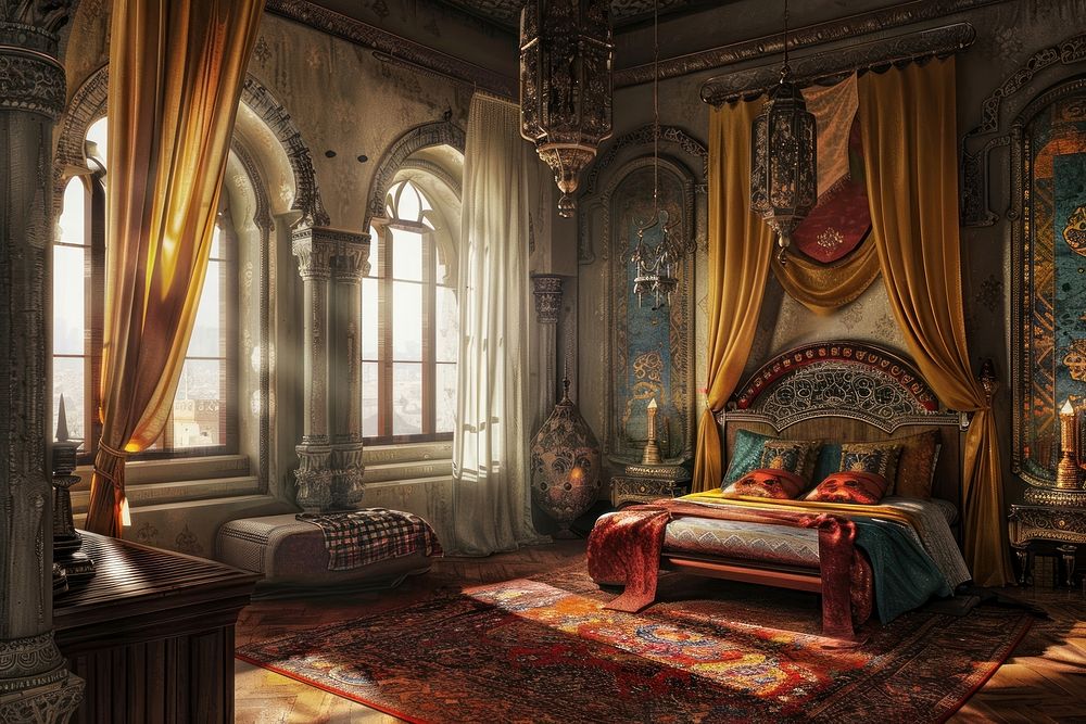 Ottoman painting of interior bedroom architecture furniture building.