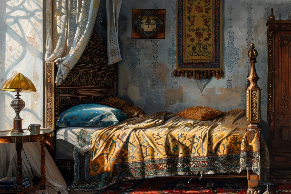Ottoman painting of interior bedroom furniture architecture nightstand.