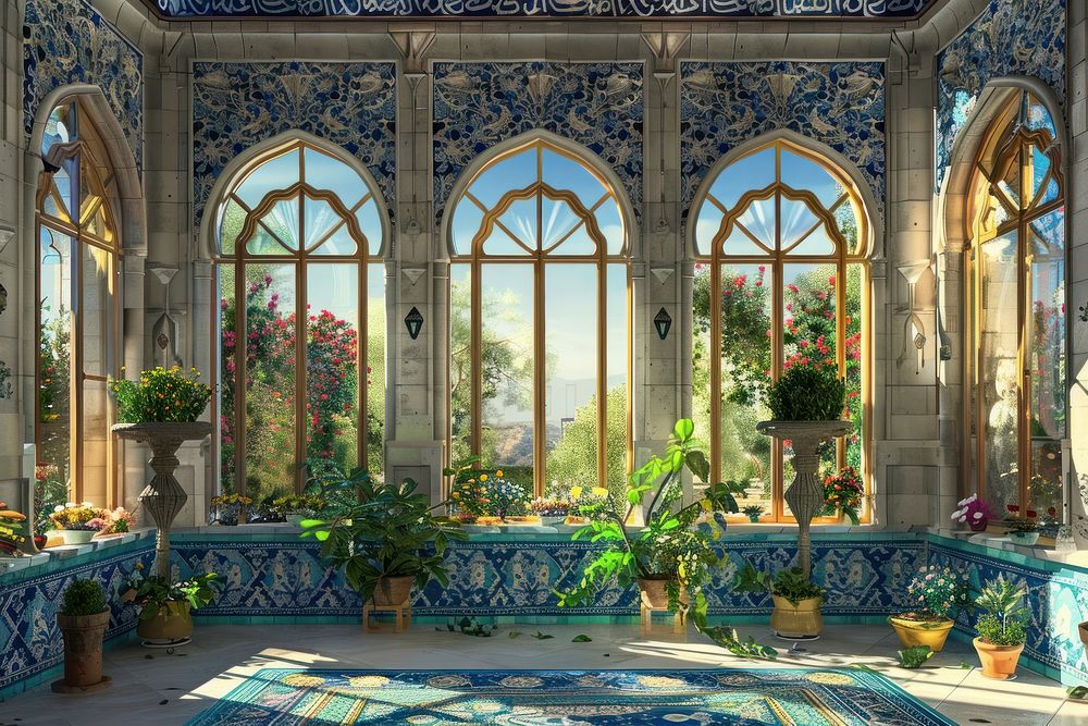 Ottoman painting of interior garden architecture building outdoors.