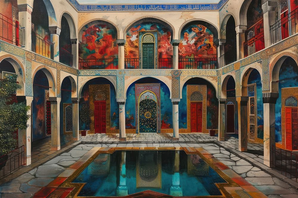 Ottoman painting of interior garden architecture building spirituality.