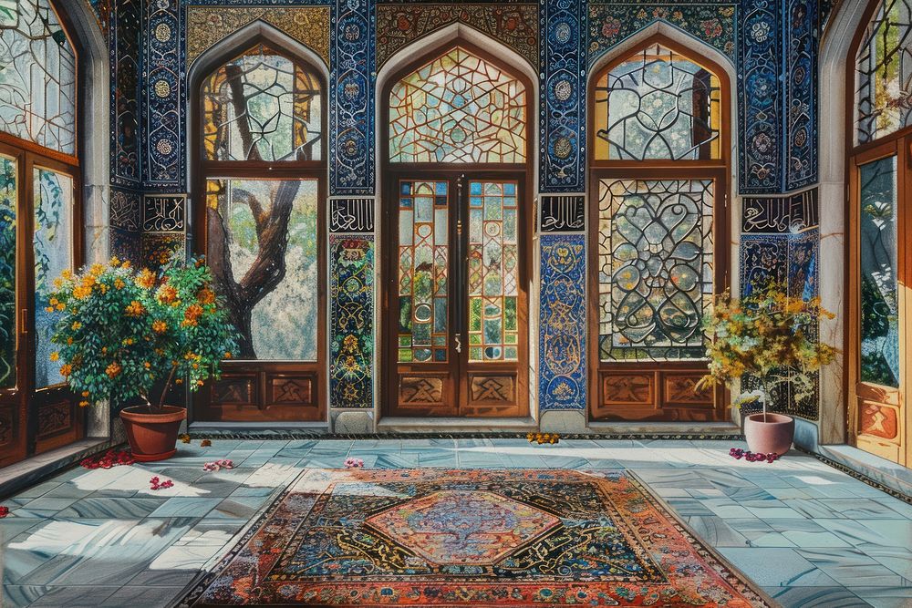 Ottoman painting of interior garden architecture plant art.
