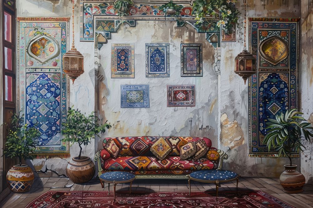 Ottoman painting of interior architecture backgrounds furniture.