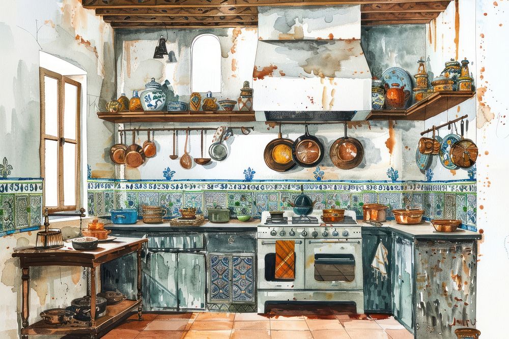Ottoman painting of interior kitchen architecture countertop cabinetry.