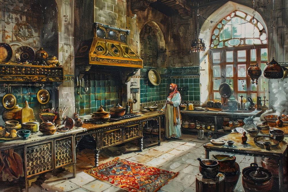 Ottoman painting of interior kitchen architecture building art.