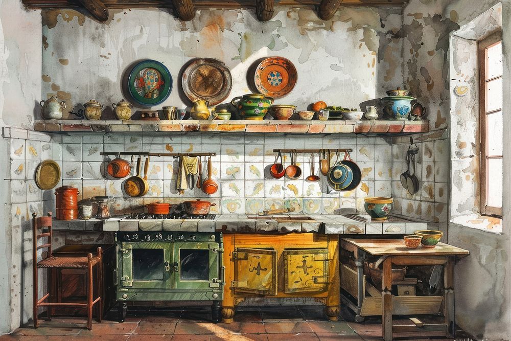 Ottoman painting of interior kitchen furniture architecture arrangement.