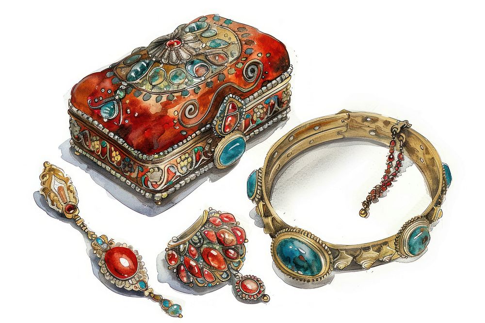 Ottoman painting of jewelry white background bling-bling accessories.