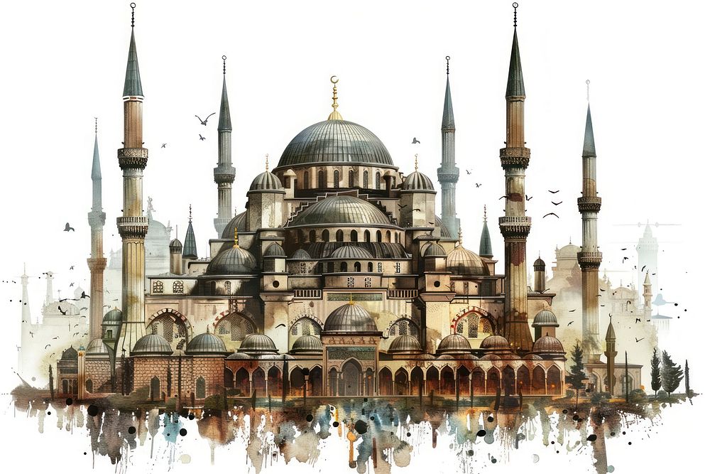 Ottoman painting of mosque architecture building dome.