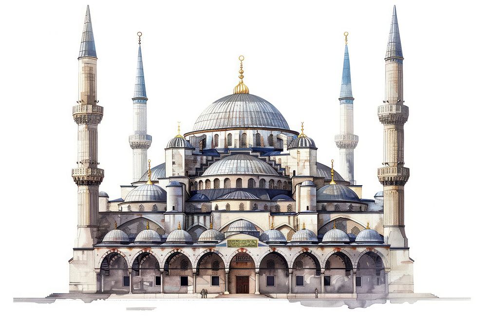 Ottoman painting of mosque architecture building dome.