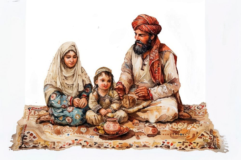 Ottoman painting of muslim family adult art cross-legged.