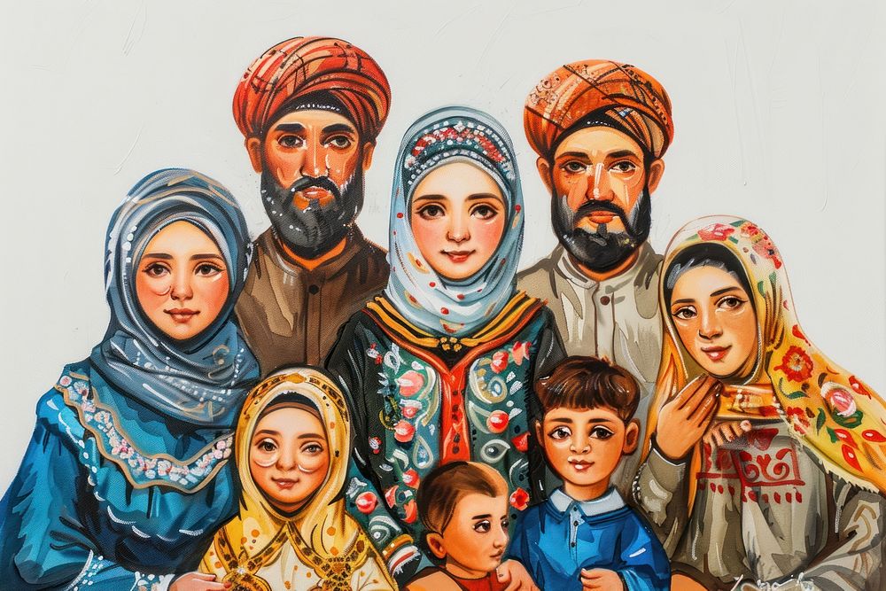 Ottoman painting of muslim family portrait drawing sketch.