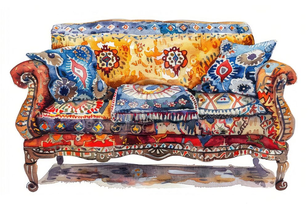 Ottoman painting of sofa furniture cushion white background.