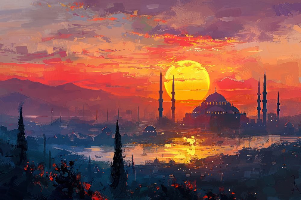 Ottoman painting of sunrise outdoors sunset dawn.
